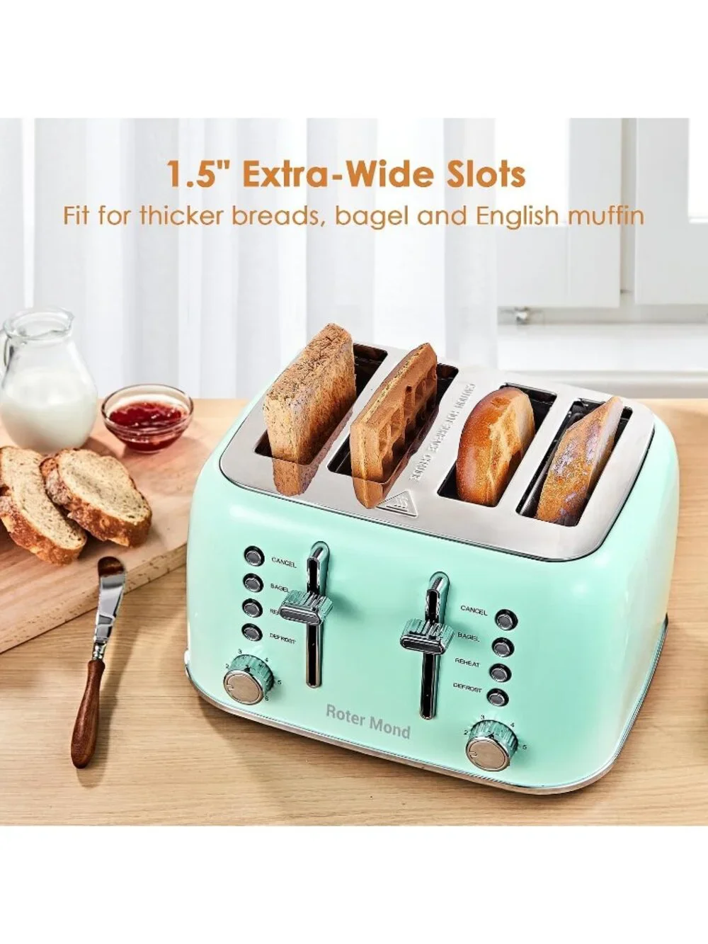 4 Slice Mint Green Retro Stainless Steel with Extra Wide Slots Bagel Toaster